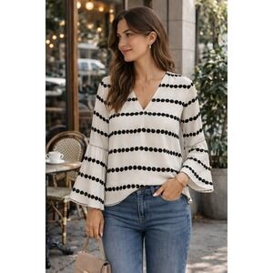 Derek Lam 10 Crosby Silk Polka Dot 3/4 Bell Sleeve Blouse V Neck Size 8